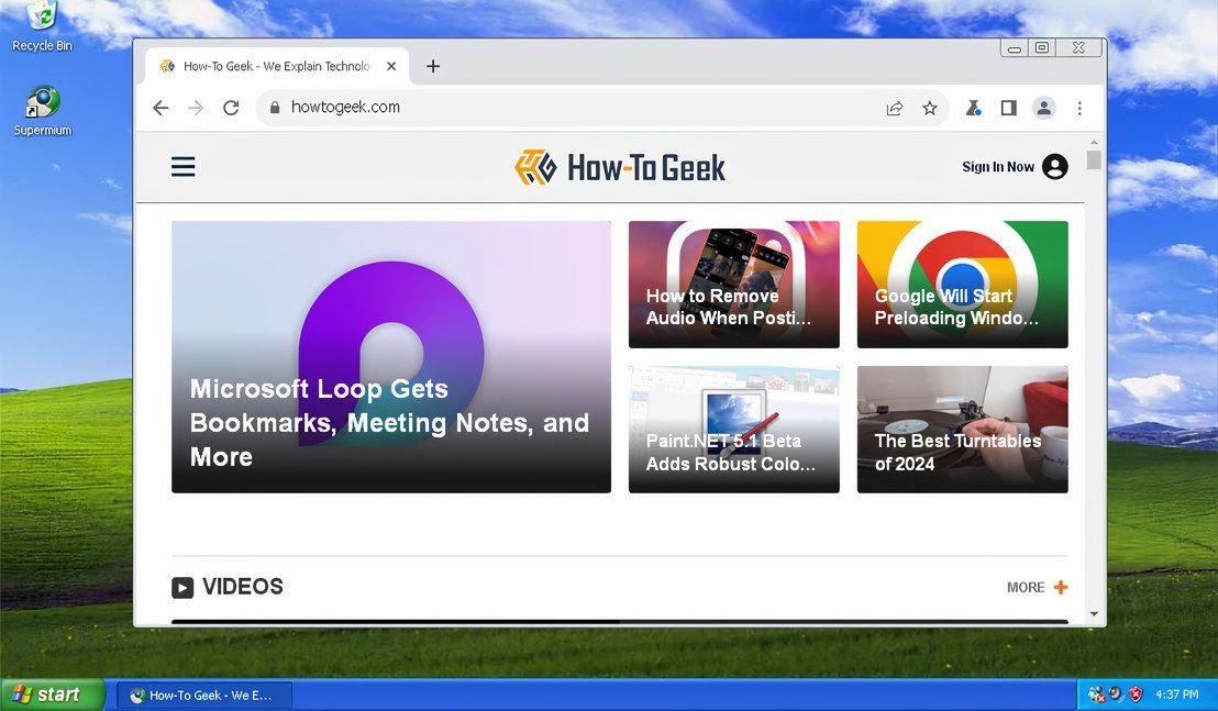 Le site Web How-To Geek exécuté dans le navigateur Supermium sur une machine Windows XP