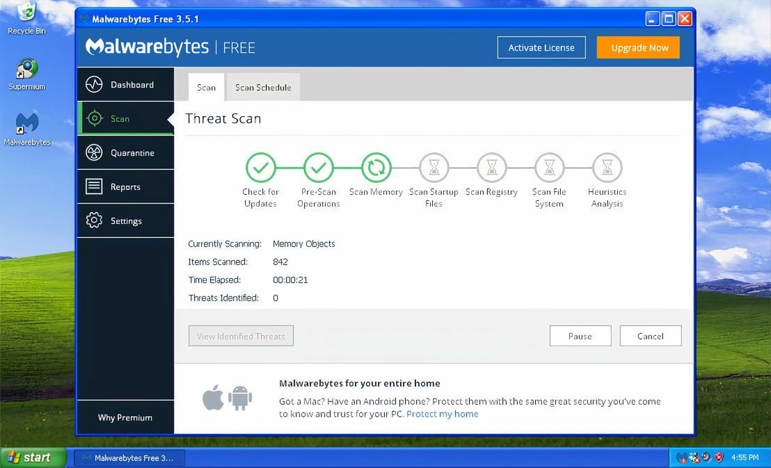 Malwarebytes exécuté sur une machine Windows XP