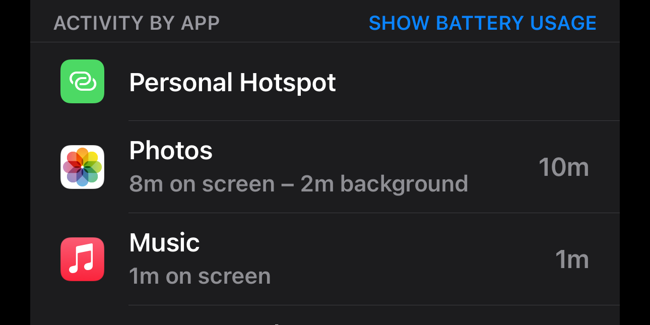 Affichage de l'activité par application dans les paramètres de la batterie sur l'iPhone.