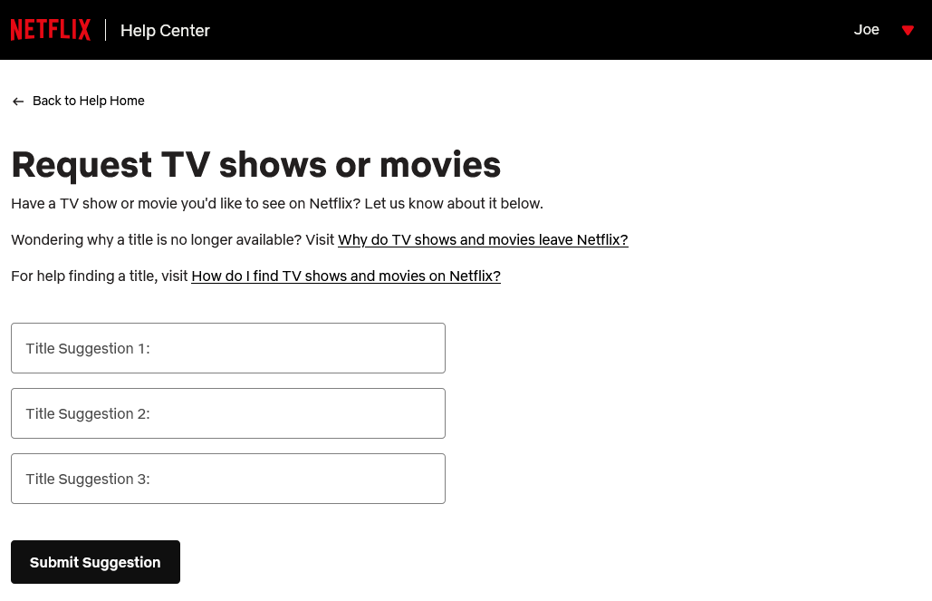 Formulaire de demande d'émissions de télévision ou de films Netflix.