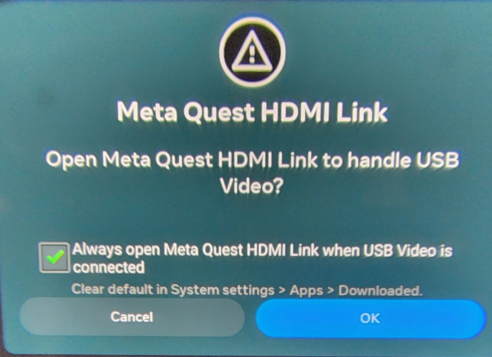 Écran de configuration du lien HDMI Quest