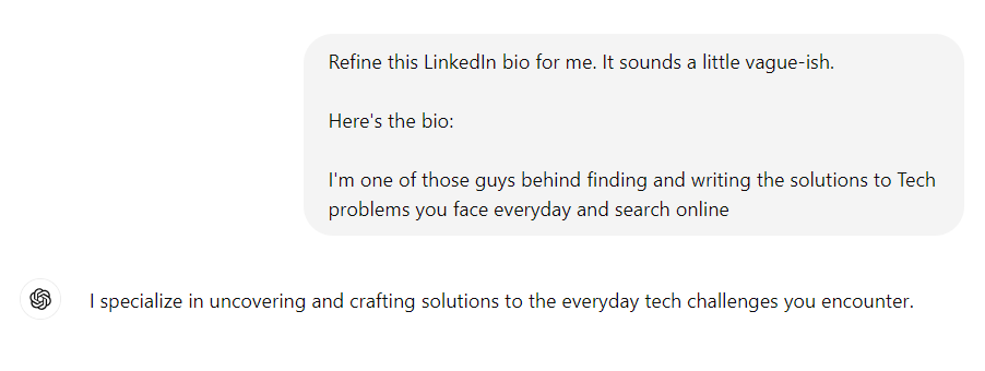 Demander à ChatGPT d'affiner une biographie LinkedIn.