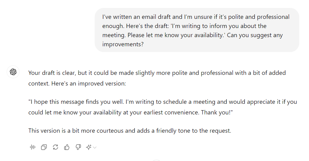 Demander à ChatGPT d'affiner un brouillon d'e-mail pour qu'il soit plus professionnel.