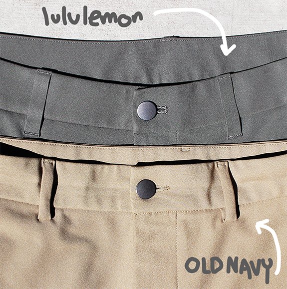 Pantalon Lululemon Warpstreme vs chino hybride technique Old Navy