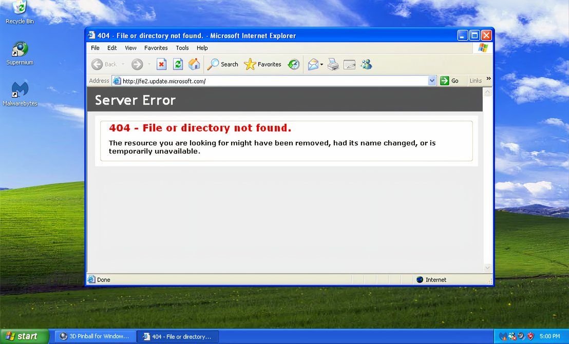 Windows Update dans Windows XP conduit désormais à une page manquante sur le site Web de Microsoft avec une erreur 404.