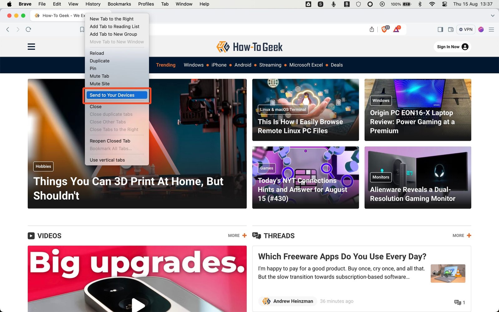 L'option Envoyer aux appareils dans le navigateur Brave.