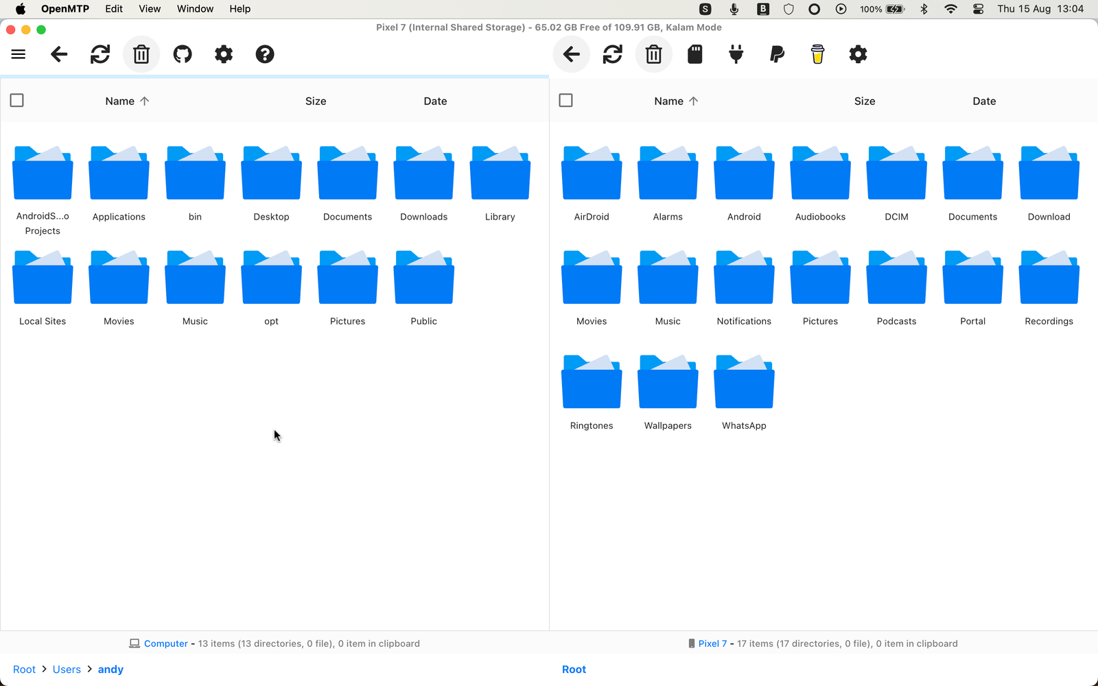 L'application OpenMTP montrant les lecteurs Mac et Android.