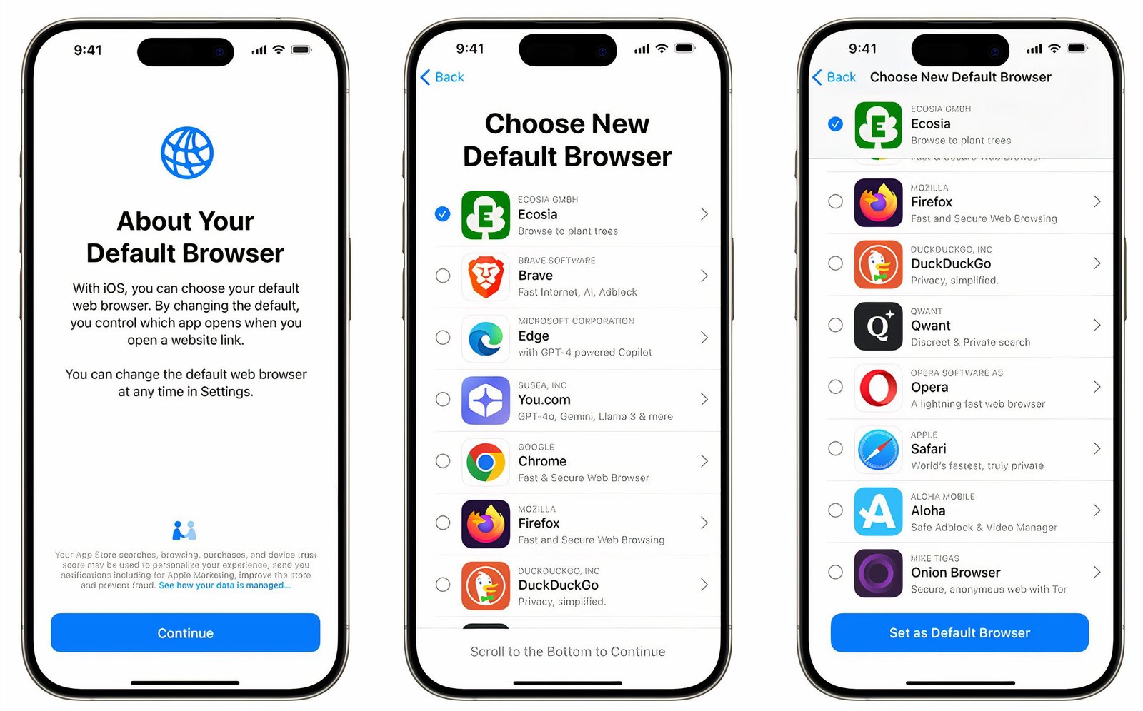 Trois captures d'écran encadrées d'iPhone montrant le choix du navigateur Web par défaut.