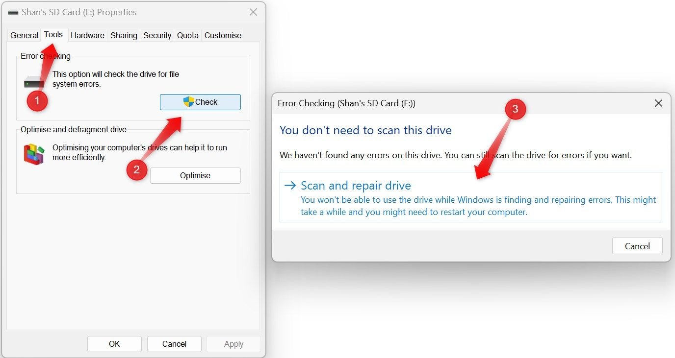 Exécution de l'analyse chkdsk via la gestion des disques.
