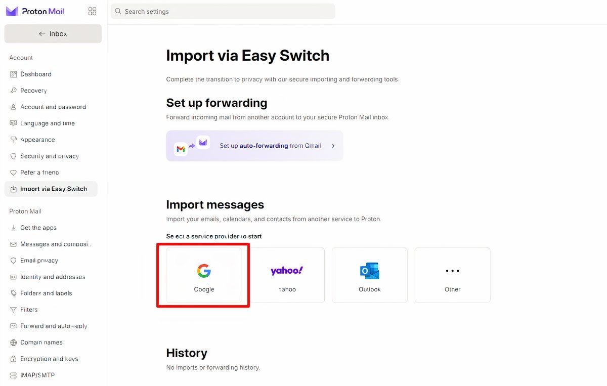 Importation de Gmail vers Proton Mail