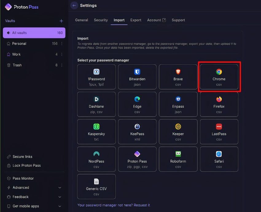 Choisissez le service d'importation pour Proton Pass