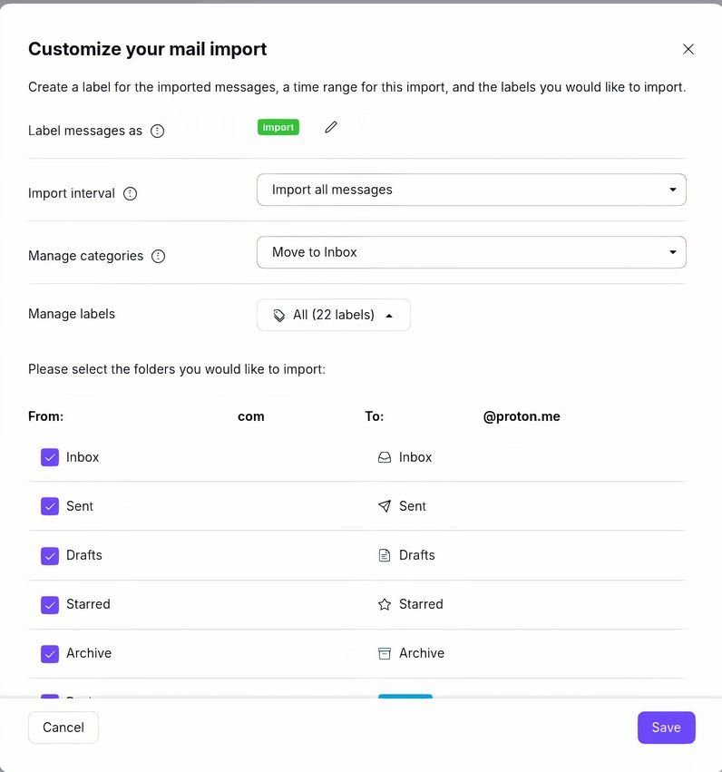 Options d'importation de Proton Mail