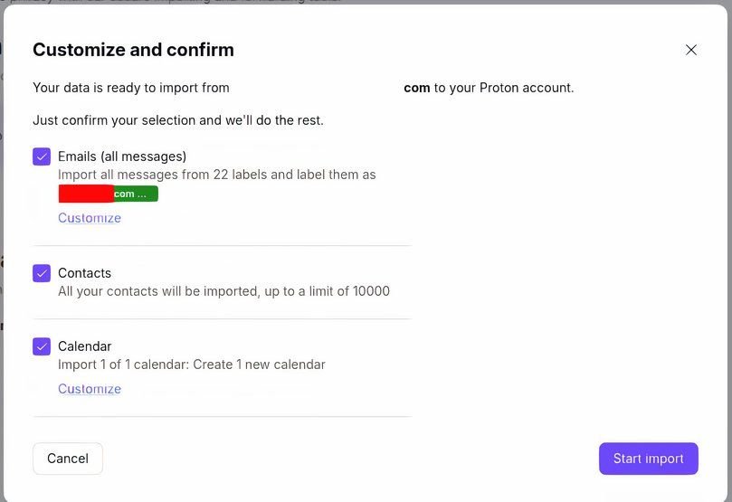 Démarrer votre importation de Proton Mail