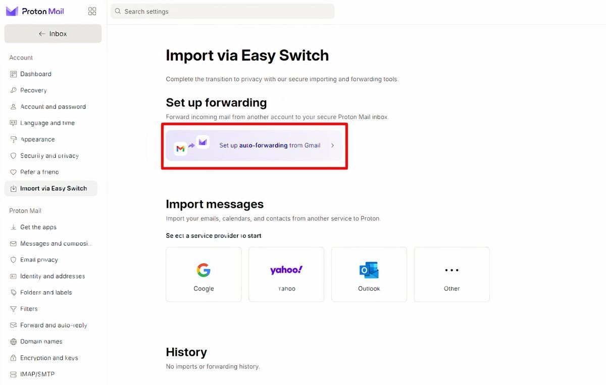 Configurer la redirection dans Proton Mail