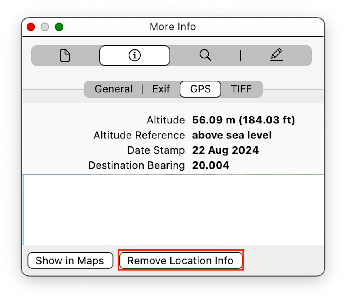 Suppression des données de localisation d’une image sous macOS.