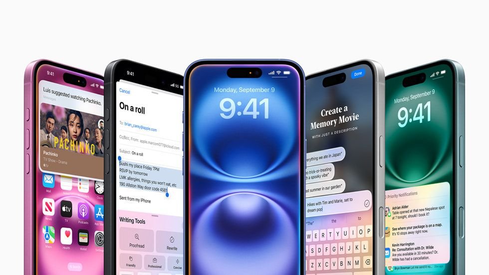 Modèles d'Apple iPhone 16 montrant différentes utilisations d'Apple Intelligence.
