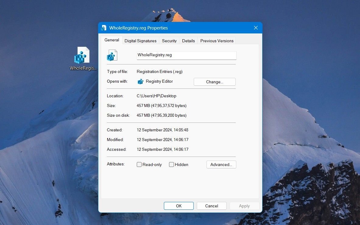 Fenêtre des propriétés du fichier de registre.