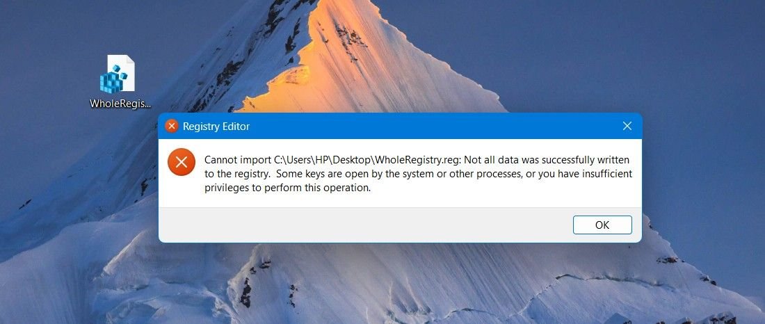 Message d'erreur du registre Windows.