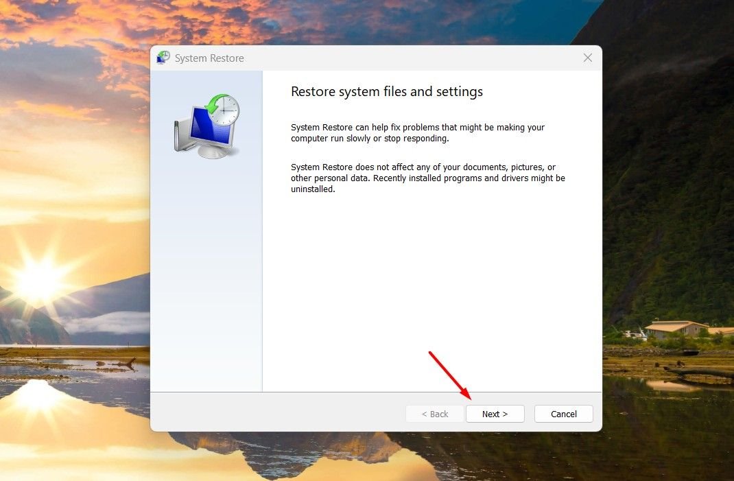 Option suivante dans la fenêtre Restauration du système.
