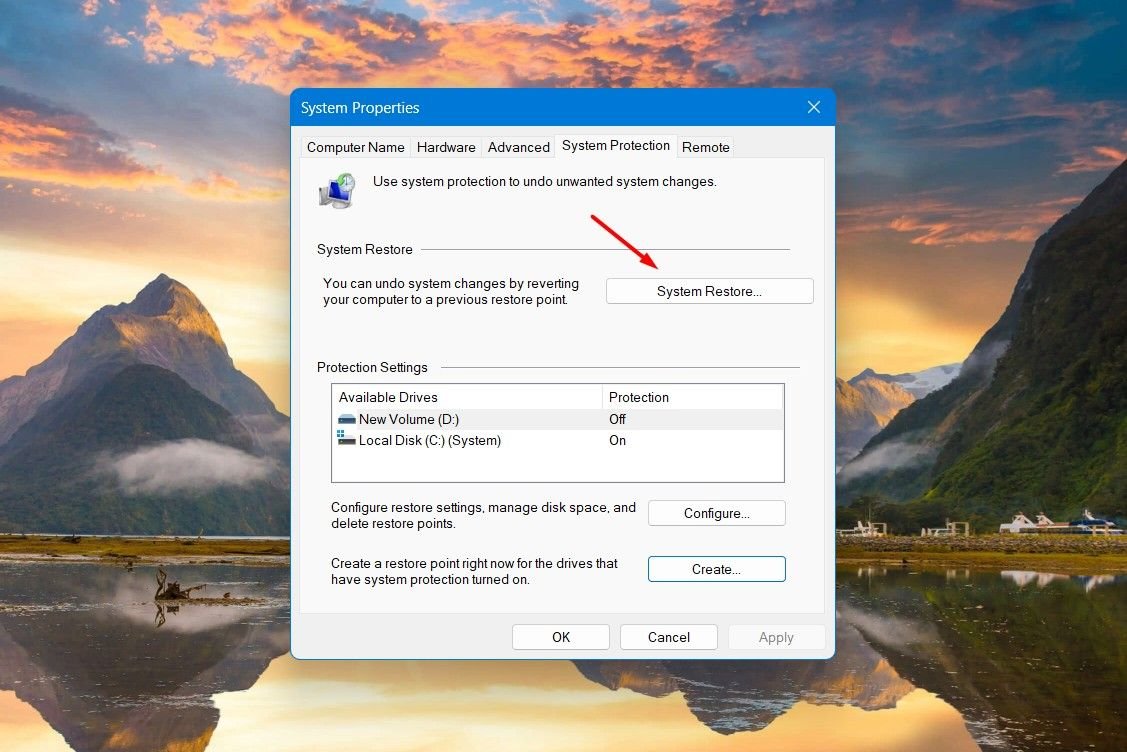 Option de restauration du système dans la fenêtre Propriétés système.