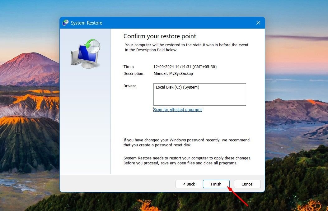 Option Terminer dans la fenêtre Restauration du système.