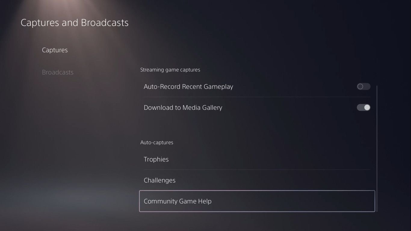 Menu Captures et diffusions sur la PS5, avec "Aide au jeu communautaire" choisi.