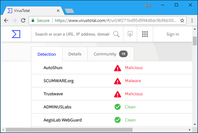 Une liste détaillée des résultats moteur par moteur donne VirusTotal.