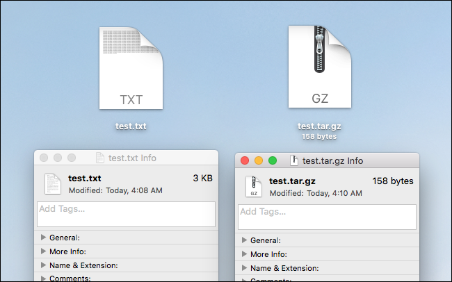 Comparaison côte à côte d'un fichier compressé et décompressé sur macOS.