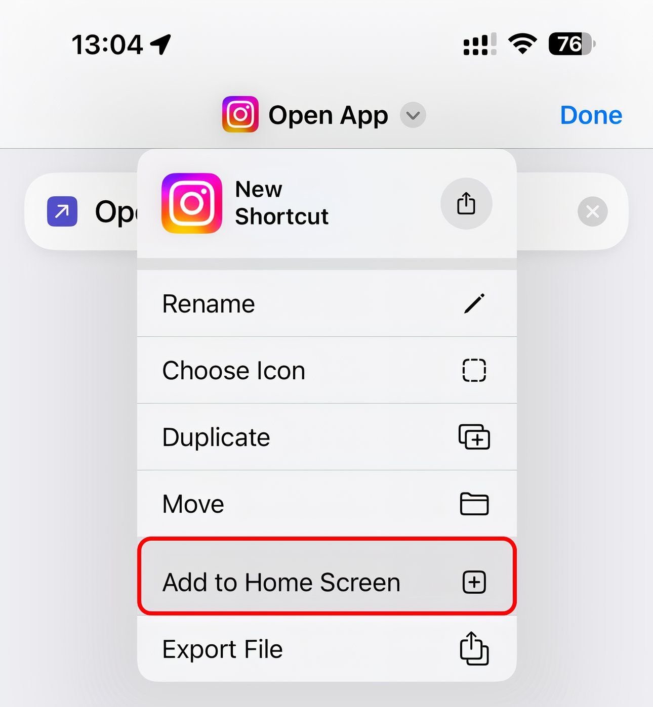 L'application Raccourci de l'iPhone avec l'option Ajouter à l'écran d'accueil en surbrillance.