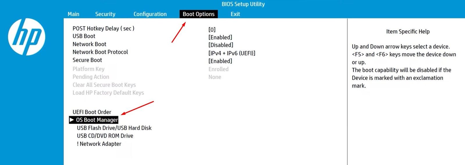 Onglet Options de démarrage dans le menu HP Bios