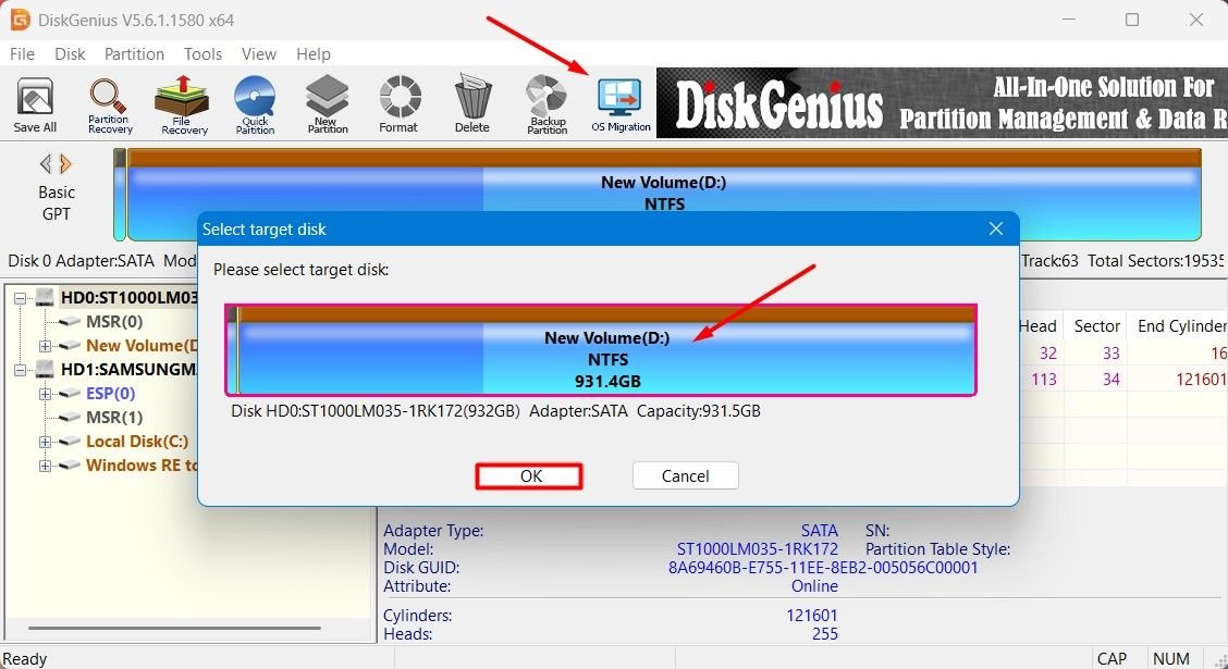 Option de migration du système d'exploitation dans l'outil DiskGenius.