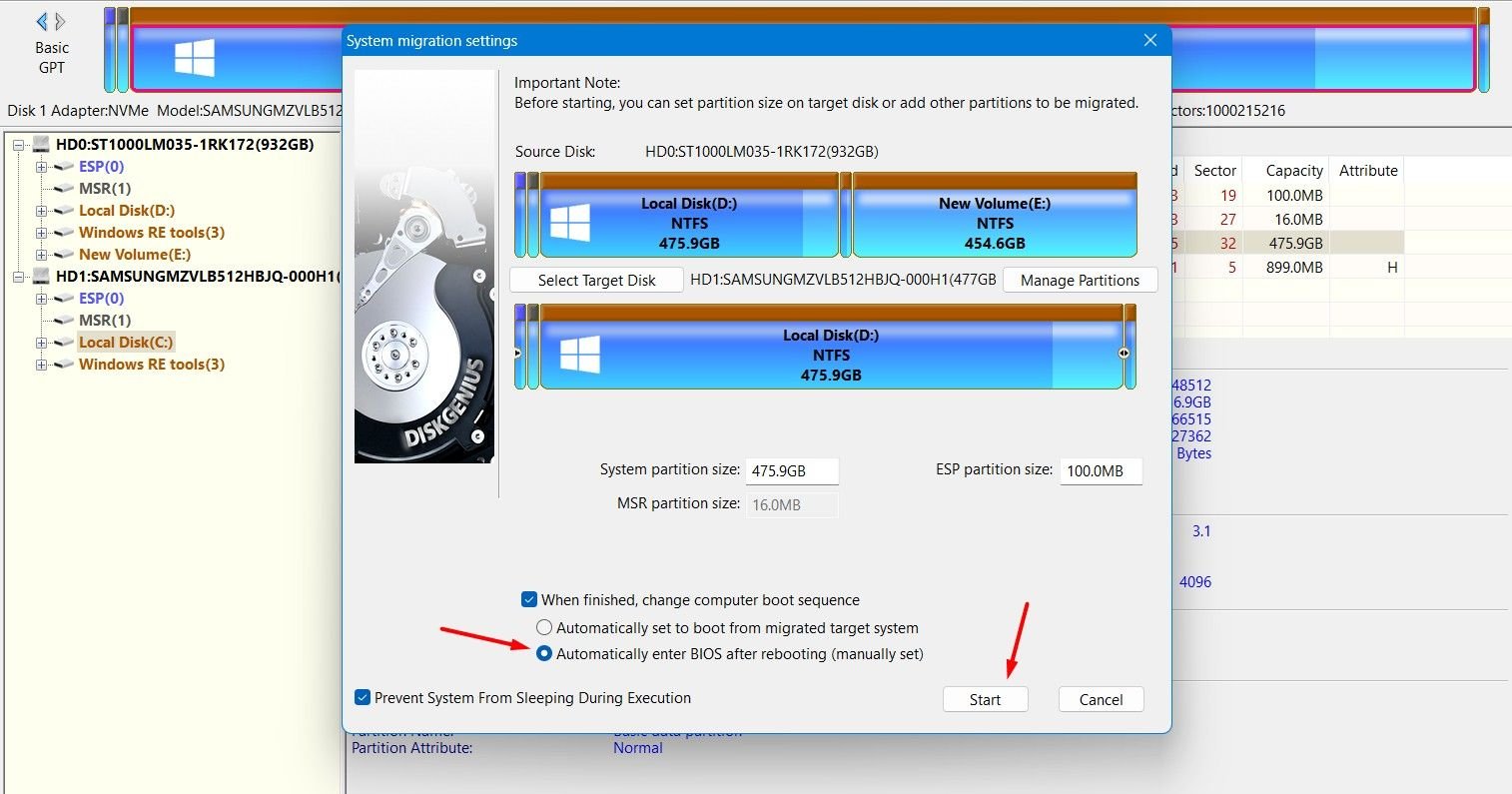 Option Démarrer dans l'outil DiskGenius.