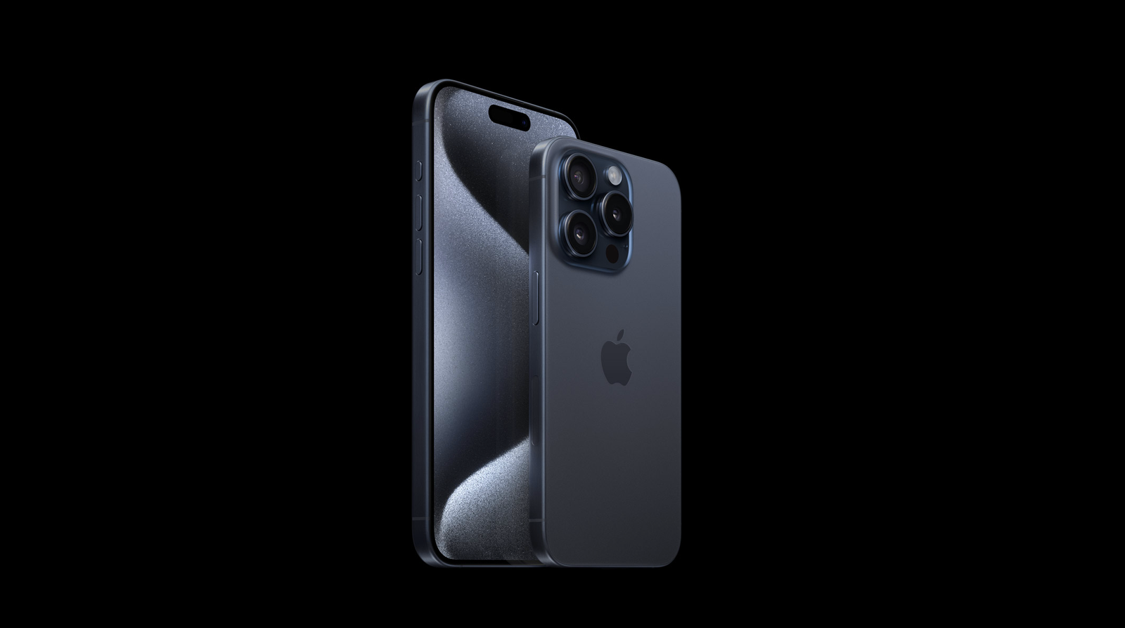 Montrant un iPhone 15 Pro et 15 Pro Max en bleu.