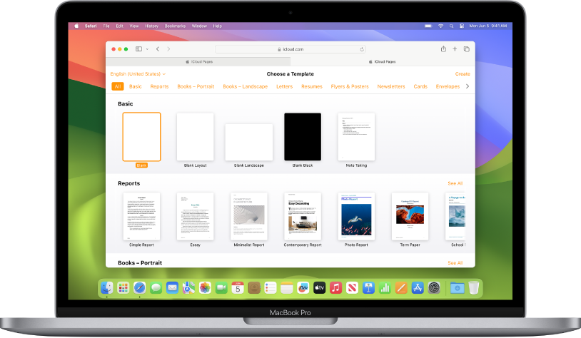 Site Web Macbook sur iCloud, utilisant Pages en ligne.