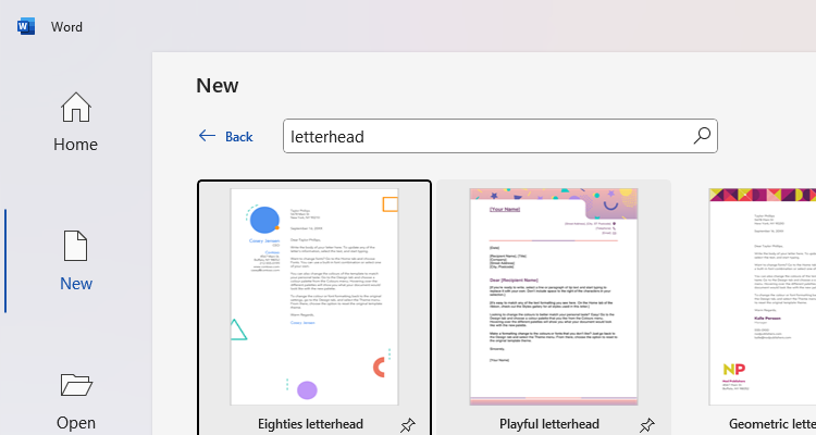 Options de modèle de papier à en-tête de Microsoft Word.