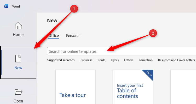 Le menu « Nouveau » de Microsoft Word, avec le champ de recherche en surbrillance.