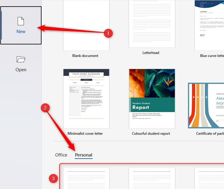 Une nouvelle fenêtre de document Word s'est ouverte, avec Nouveau et Personnel sélectionnés et les modèles mis en surbrillance en dessous.