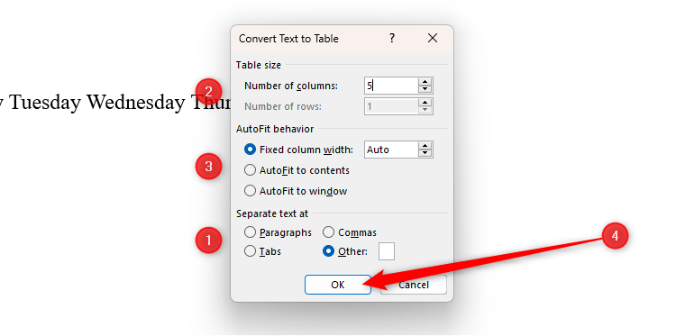 La boîte de dialogue Convertir le texte en tableau dans Word, avec l'ordre d'adressage des options indiqué à l'aide de chiffres.