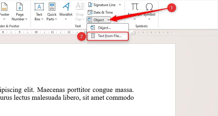 Un document Word, avec la liste déroulante Objet activée et l'option Texte à partir du fichier sélectionnée.