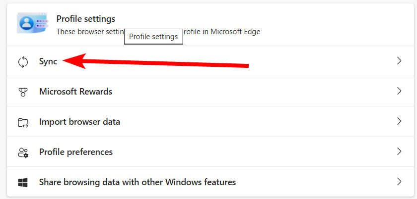 Le "Synchroniser" option dans les paramètres de Microsoft Edge.