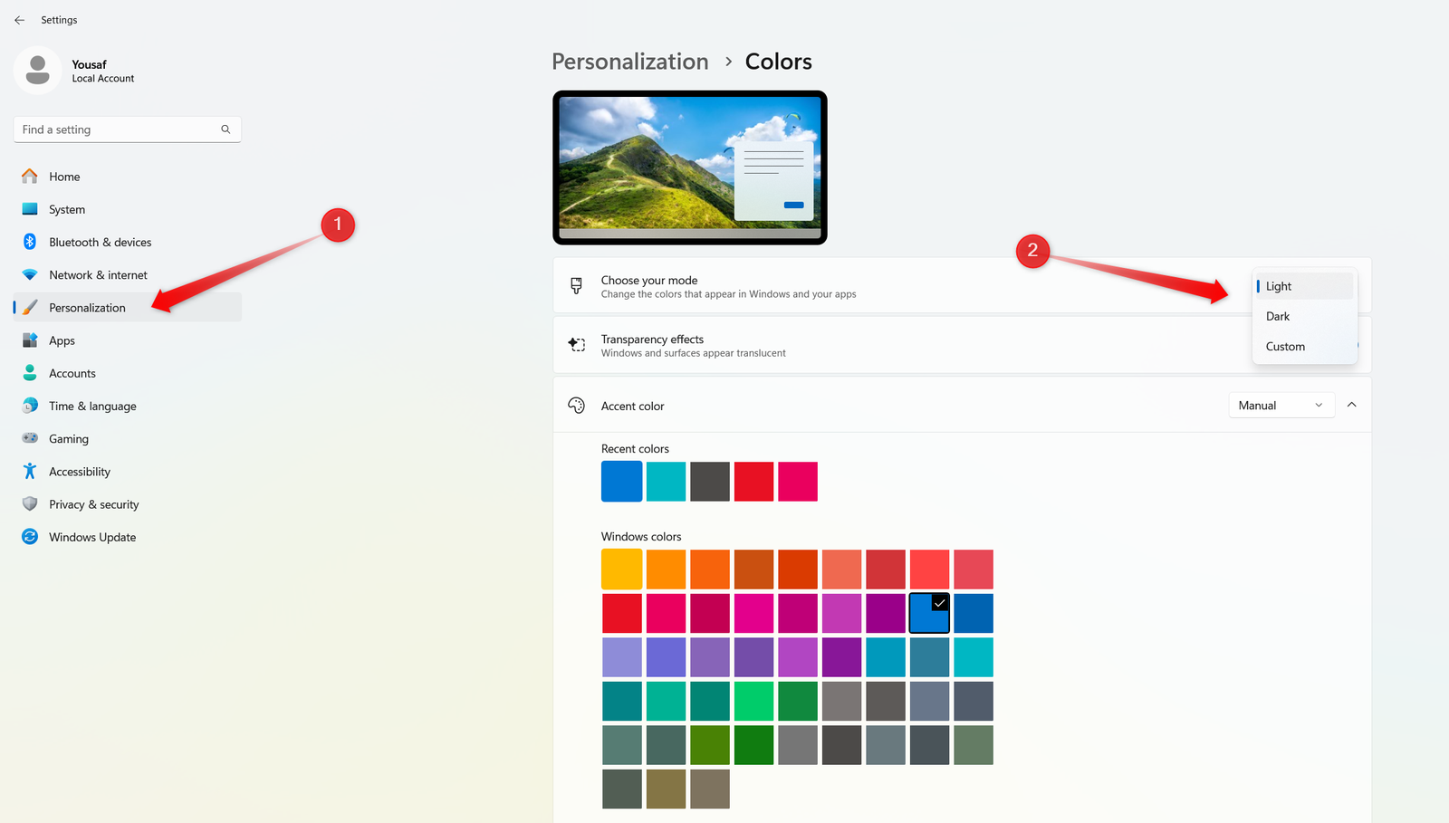 Changer le mode couleur sous Windows.