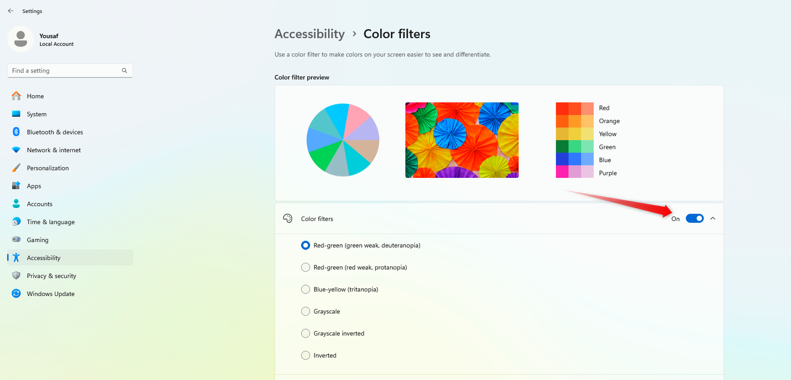 Activation des filtres de couleur et utilisation d'un filtre préféré dans Windows.