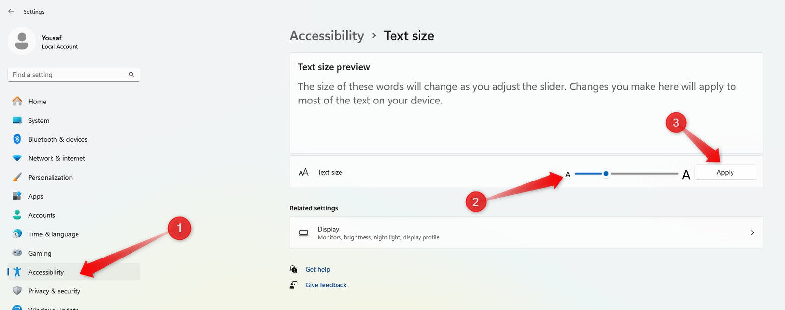 Modification de la taille du texte sous Windows.