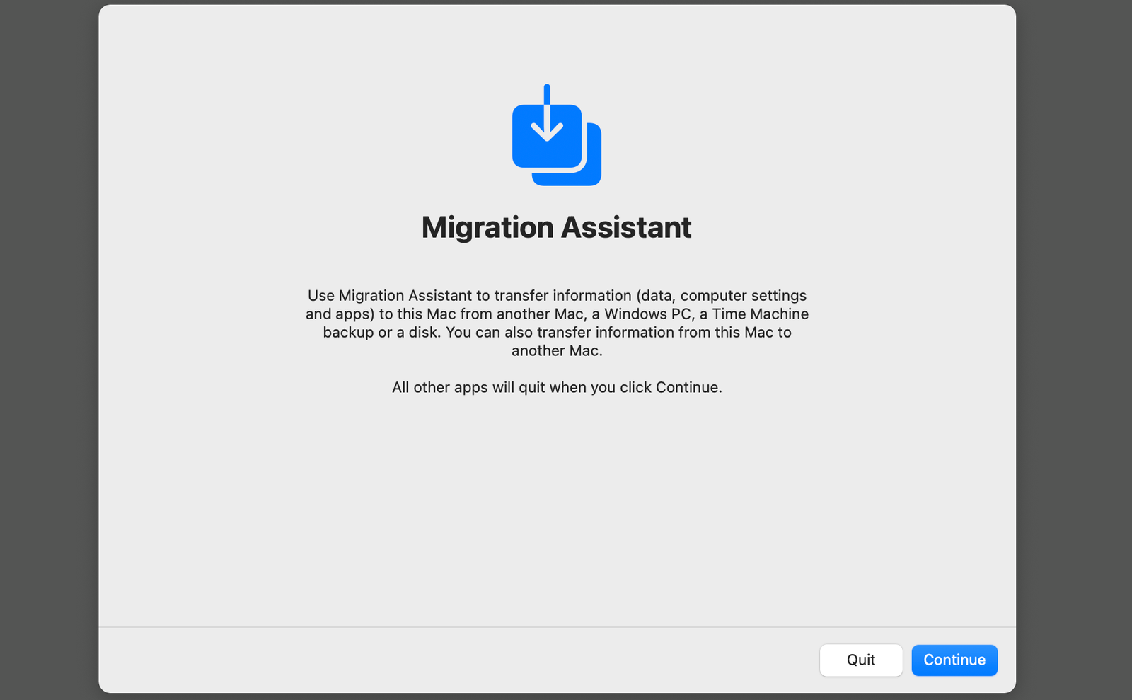 L'assistant de migration en macOS.