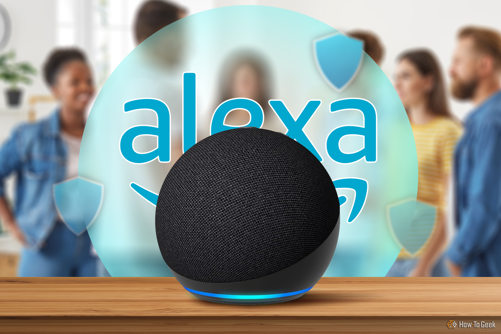 Un Echo Dot avec plusieurs personnes en arrière-plan et quelques boucliers autour de l'Echo Dot.