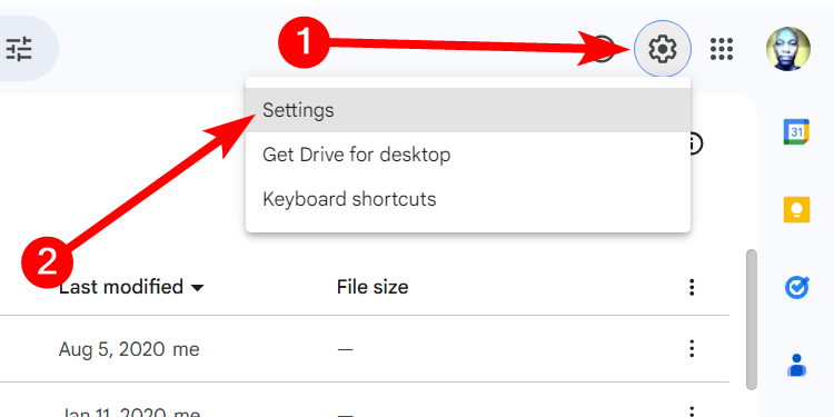Naviguer vers les paramètres dans Google Drive.