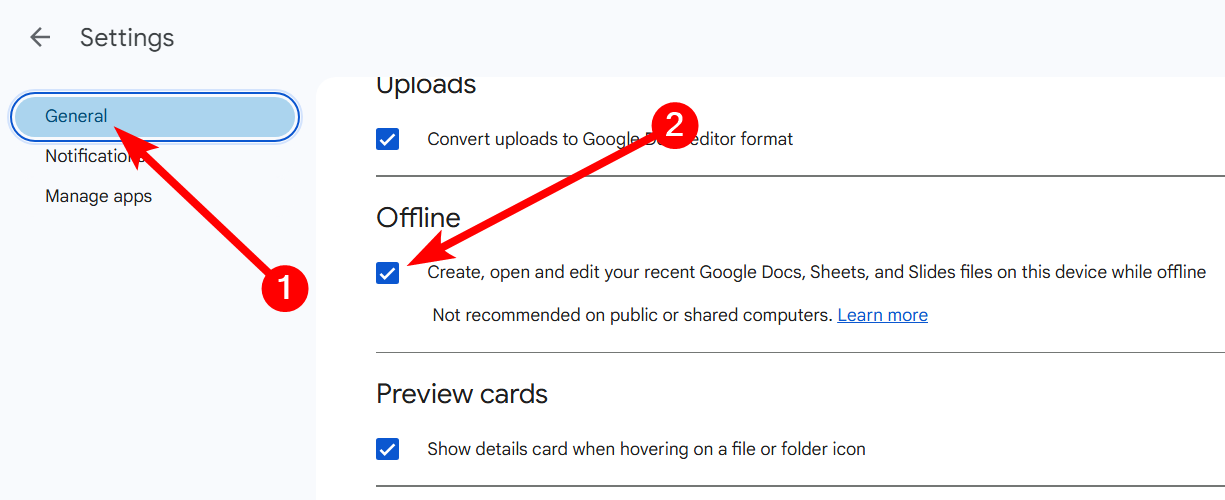 Activation du mode hors ligne dans Google Drive.