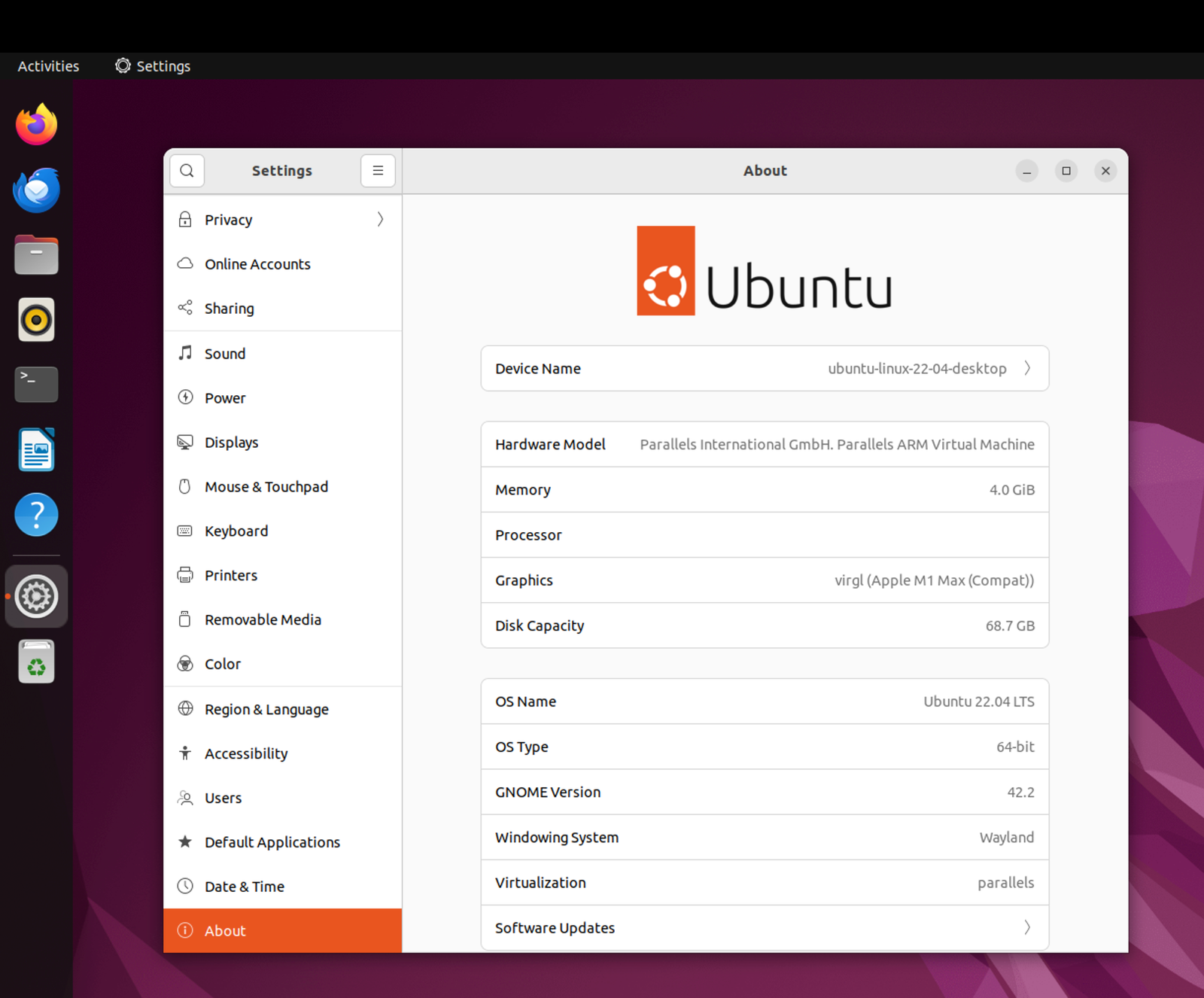 Ubuntu 22.04 LTS fonctionnant via Parallels Desktop sur un M1 Max MacBook Pro.