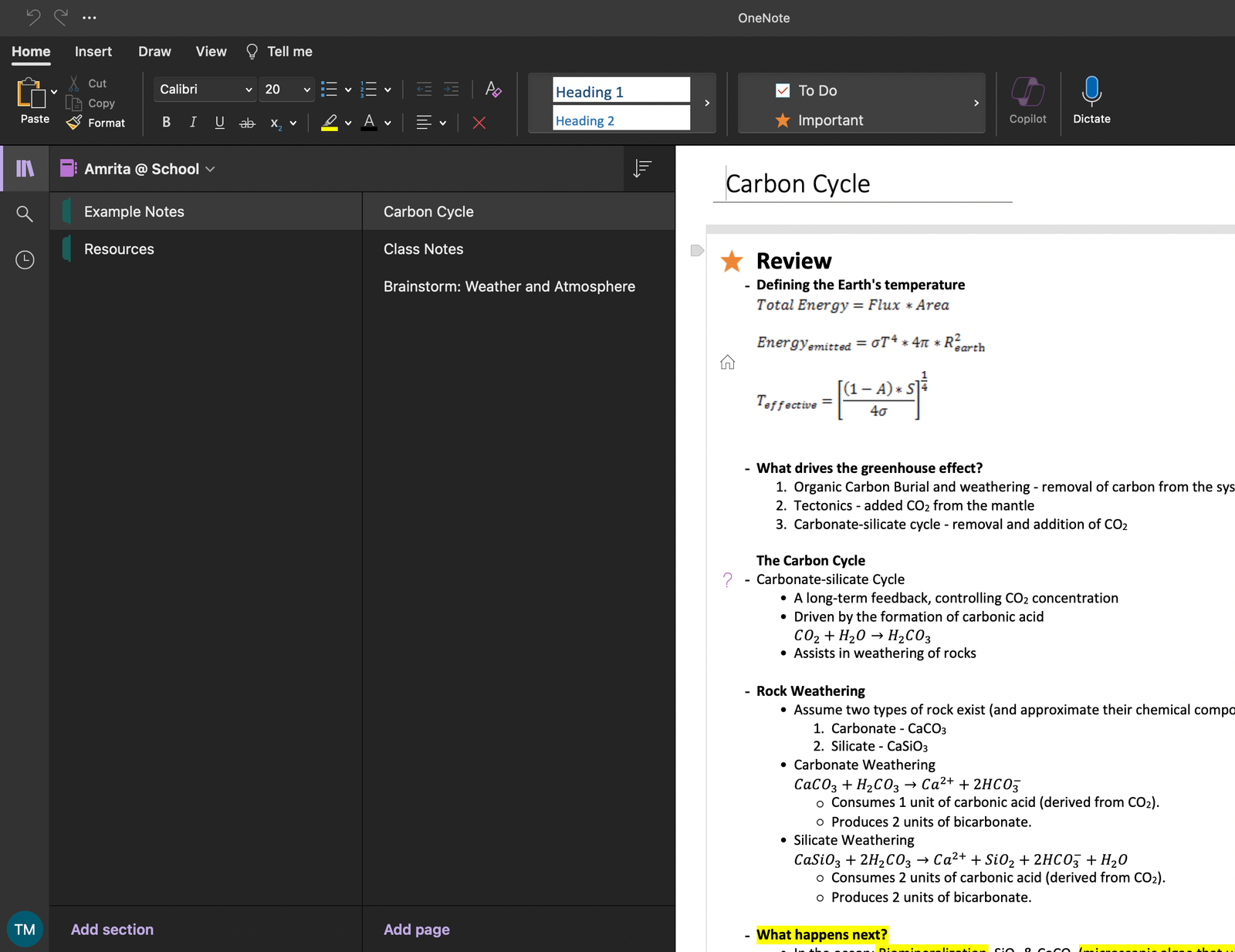 Organisation des sections et des pages dans un cahier OneNote.