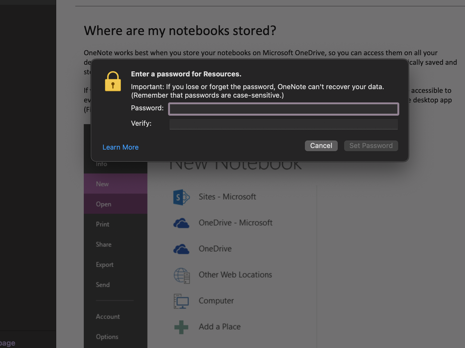 Sections de protection par mot de passe dans un ordinateur portable OneNote.